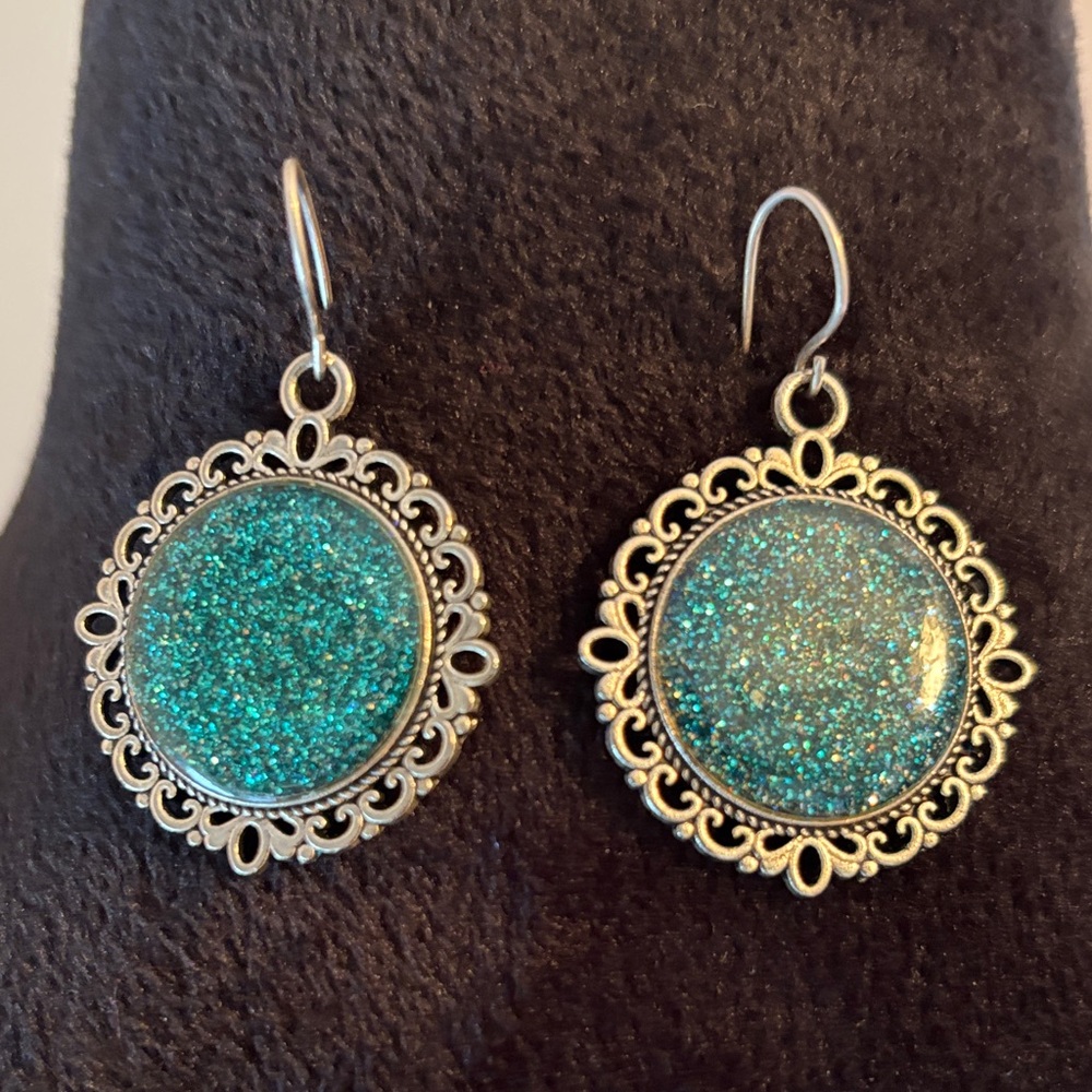 Teal Glitter Filigree Drop Earrings from Israel NWOT